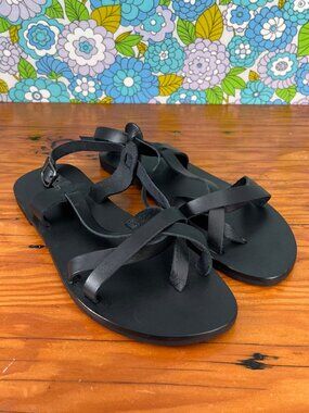 Monastiraki Oenoe Black Leather Sandals Size: 40 EU (Women's US 9)